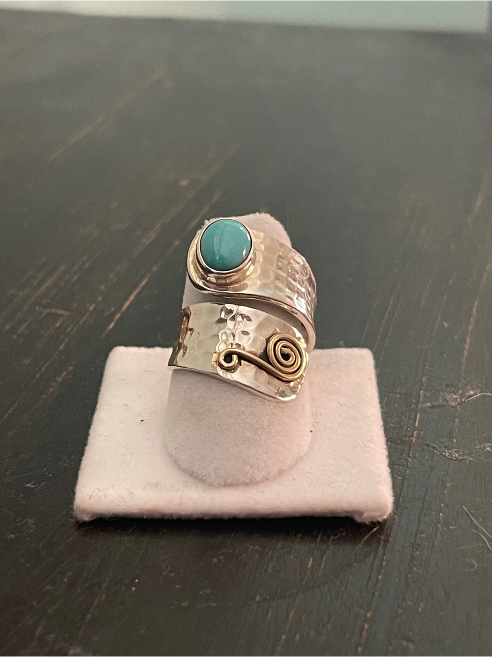 Handcrafted Turquoise Sterling Silver & Gold Tone Swirl Ring